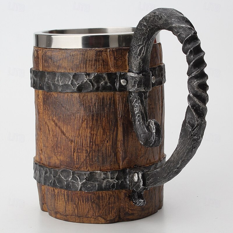 Halloween Mug Large Capacity Faux Wood Beer Mug with Stainless Steel Liner Oversized Handle Wooden Barrel Style Cup for Beer and Beverages Halloween Party Decor3