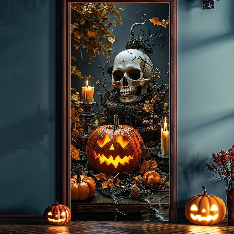 Helloween Door Covers Door Skeleton Pumpkin Tapestry Door Curtain Decoration Backdrop Door Banner for Front Door Farmhouse Holiday Party Indoor Outdoor Decor Supplies2