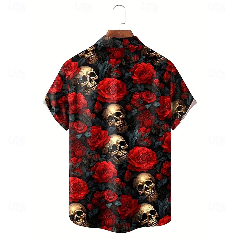 Men's Halloween Costumes Day of the Dead Rose Shirt Summer Shirt Button Up Shirt Short Sleeve Dark Punk Gothic Style Holiday Streetwear Summer Turndown 3D Print Front One Pocket Linen Like Shirt Black3