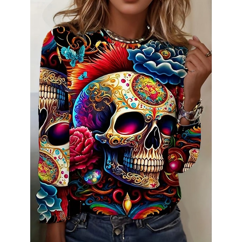 Halloween Women's T shirt Crew Neck Long Sleeve Tunic Graphic Vintage Stylish Classic Regular Tops Daily Sports Going out Print Black Gray Fall