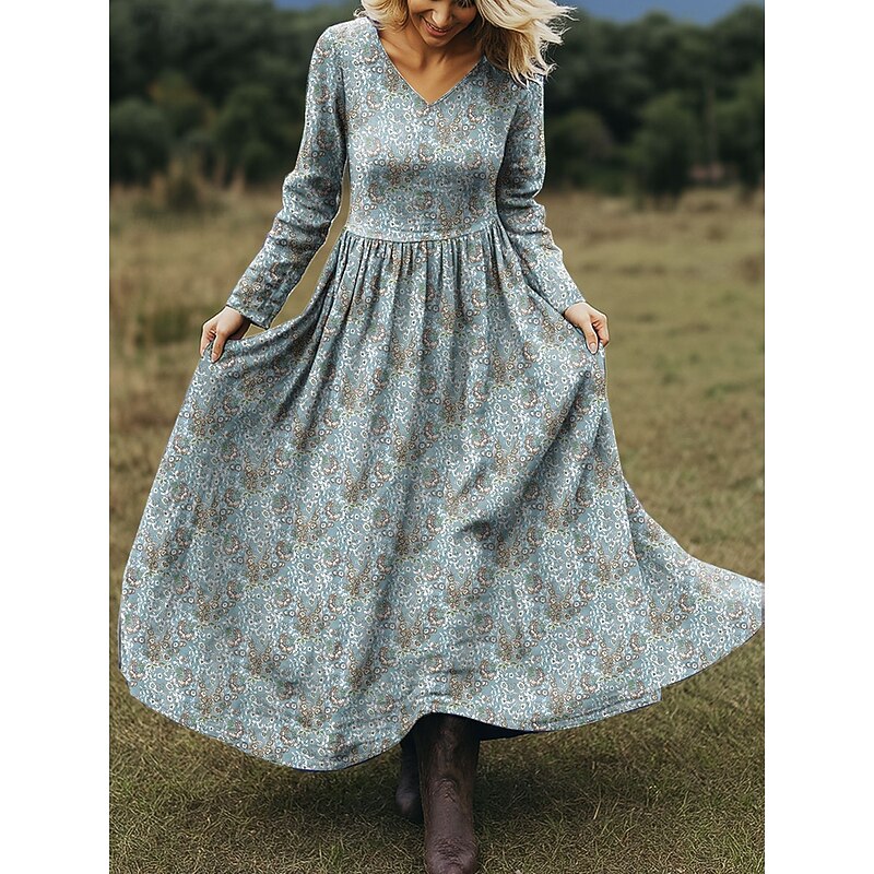 Women's Maxi Dress A Line Dress Vacation Casual Boho Beach Regular Fit Floral Graphic Long Sleeve V Neck Pink Blue Orange Beige Spring Fall3