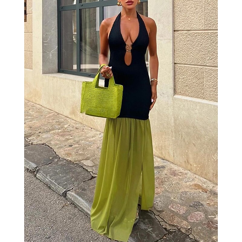 Women's Long Dress Maxi Dress Prom Dress Party Dress Fashion Party Special Occasion Evening Party Regular Fit Color Block Sleeveless Deep V Black Brown Summer4