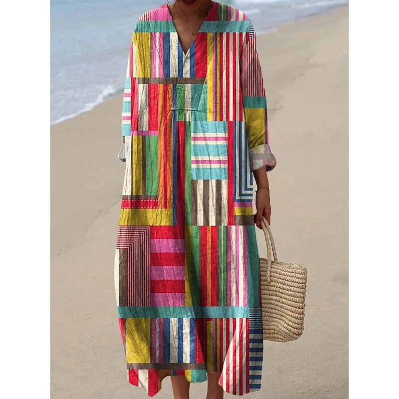 Women's Midi Dress V Neck Long Sleeve Kaftan Lightweight Loose Fit A Line Dress Casual Boho Going out Graphic Geometric Long Sleeve V Neck Dark Yellow Red Light Brown Blue Fall4