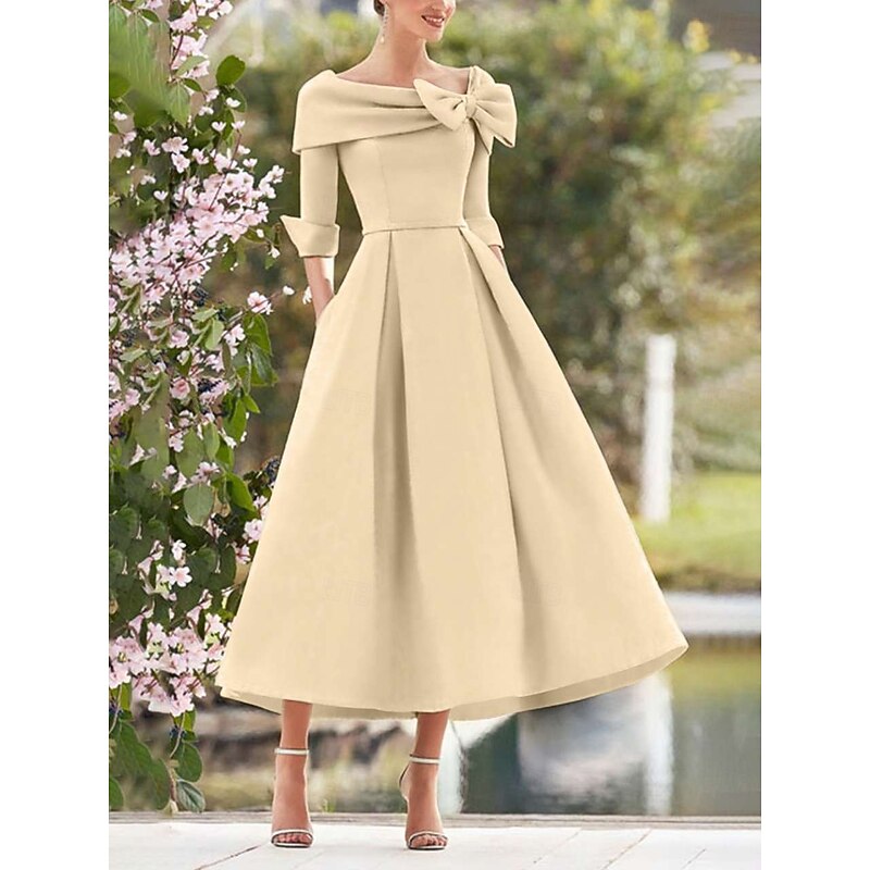 A-Line Cocktail Dresses Elegant Dress Formal Wedding Guest Tea Length 3/4 Length Sleeve Square Neck Pocket Satin with Bow(s) Pocket2