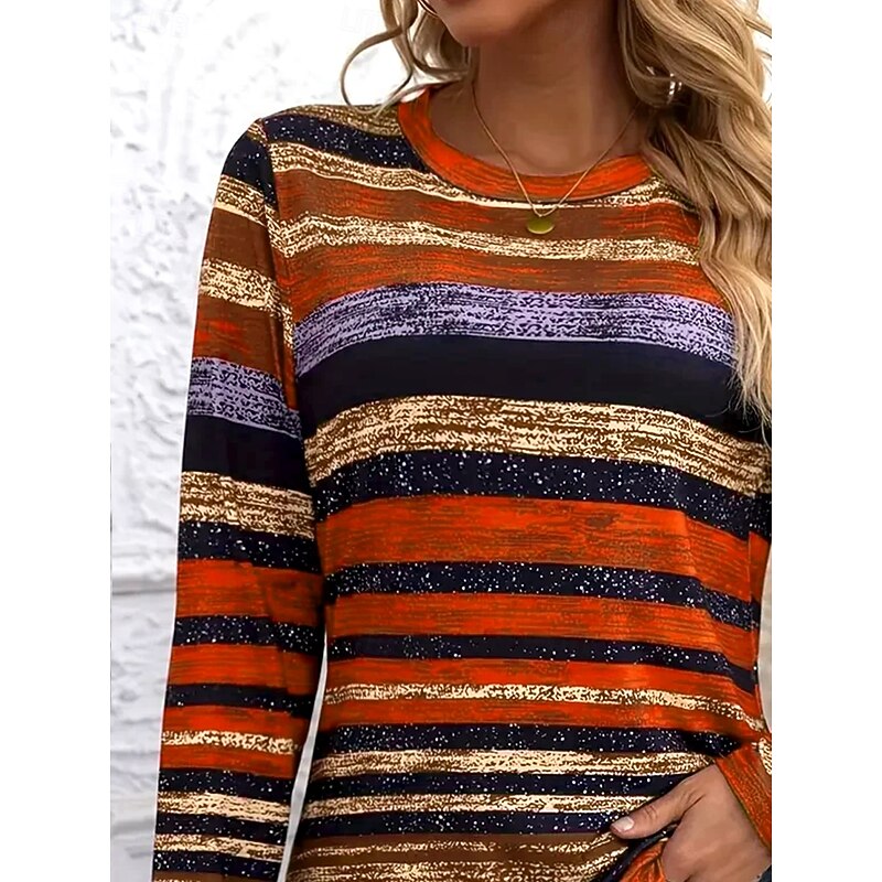 Halloween Women's T shirt Crew Neck Long Sleeve Tunic Graphic Geometric Striped Vintage Stylish  Round Neck Regular Tops Daily Print Wine Orange Fall2