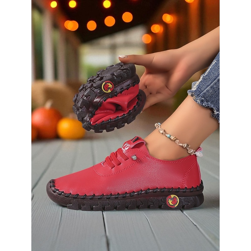 Women's Red Soft Faux Leather Loafers – Flexible Slip-On Comfort Walking Shoes for Casual Outings, Travel and Weekend Shopping