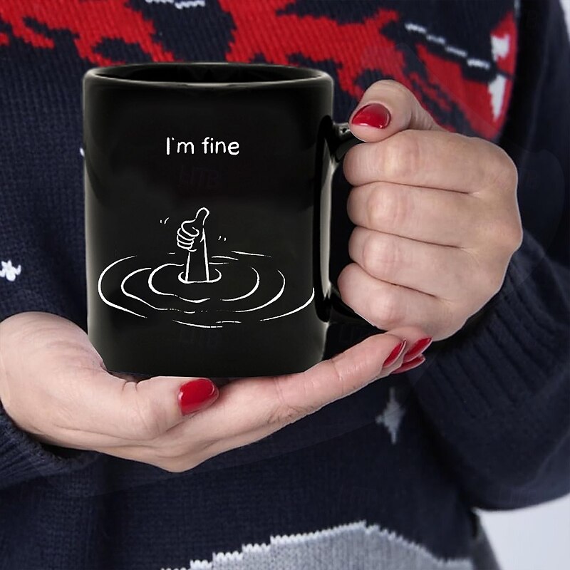 Funny Coffee Mug Im Fine Drowning Meme Black Ceramic Mug 11oz 330ml Sarcastic Gag Gift for Coworkers Friends Adults4