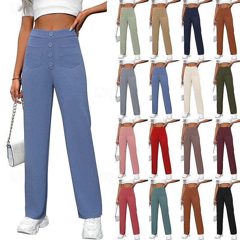 Women's Slacks Straight Streetwear Casual Full Length Natural Plain Pocket Elastic Waist Buckle Comfy Street Holiday Weekend Magenta Dark red Camel Depression Green Fall Regular Fit