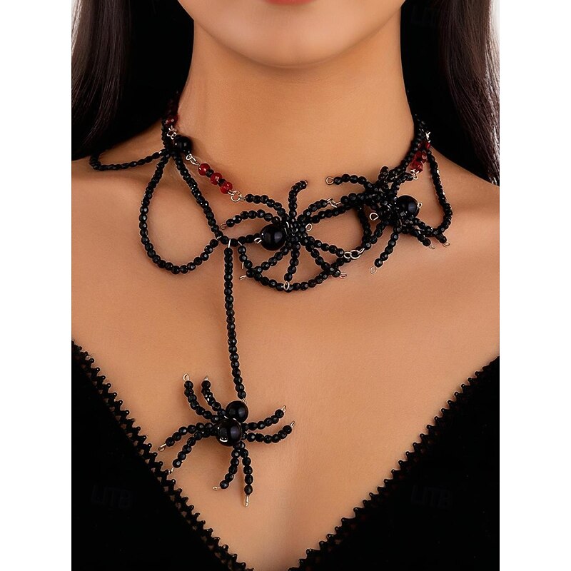 Women's Halloween Spider Beaded Necklace and Earrings Set – Gothic Black and Red Alloy Acrylic Jewelry, Creepy Cute Costume Accessories for Parties and Cosplay3