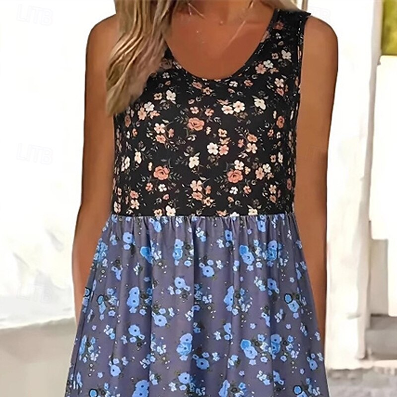Women's Midi Dress Casual Dress Summer Dress Fashion Modern Daily Beach Weekend Regular Fit Color Block Flower Sleeveless Crew Neck Blue Green Spring Fall3