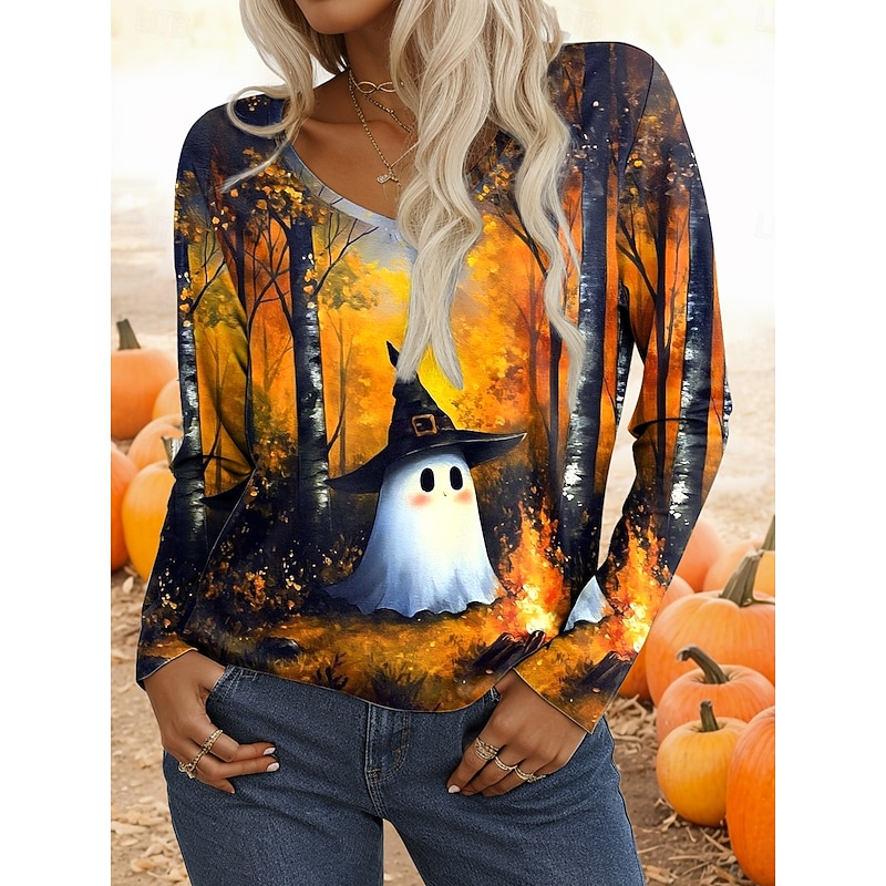 Halloween Women's T shirt Ghost Long Sleeve V Neck Long Sleeve Tunic Graphic Elegant Casual Regular Tops Daily Weekend Print Black Orange Rainbow Spring Fall Prefall