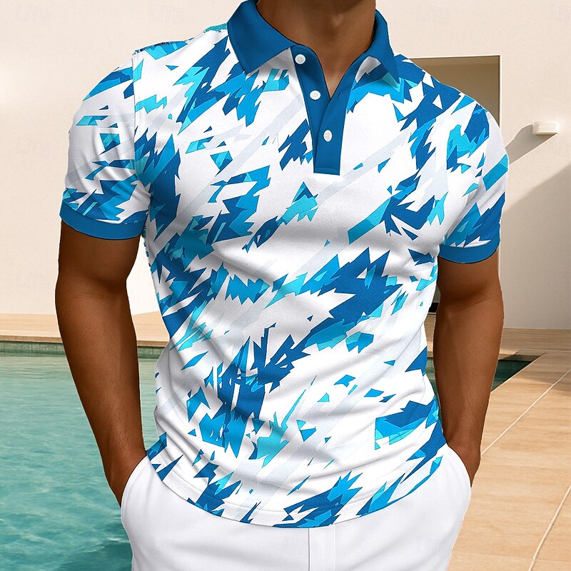 Men's Geometric Polo Short Sleeve Polo Shirts Collared Shirts Casual Athleisure Daily Wear Buttons Summer White Light Green Blue2