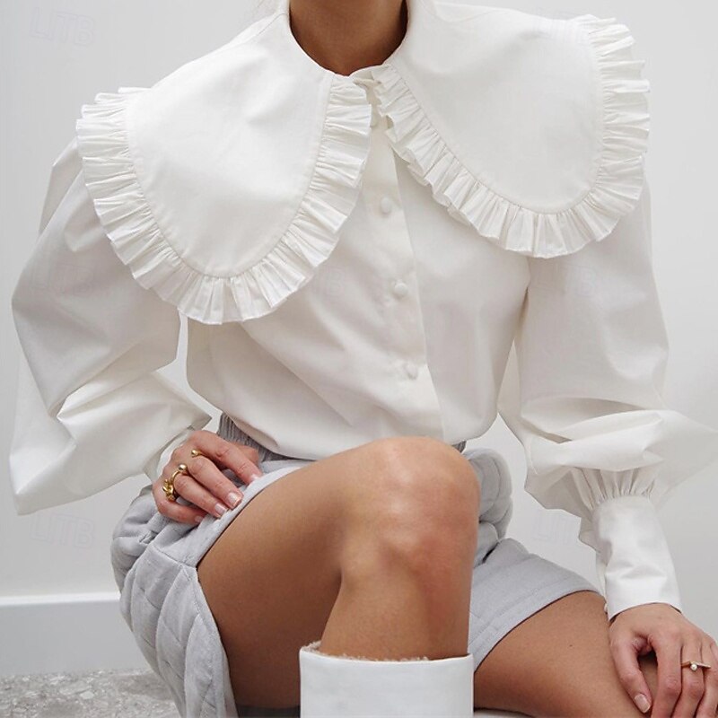 Women's Shirt Plain Daily Stylish Basic Long Sleeve Bishop Sleeve Shirt Collar Regular Tops Work Daily Holiday Buttons White Spring Fall