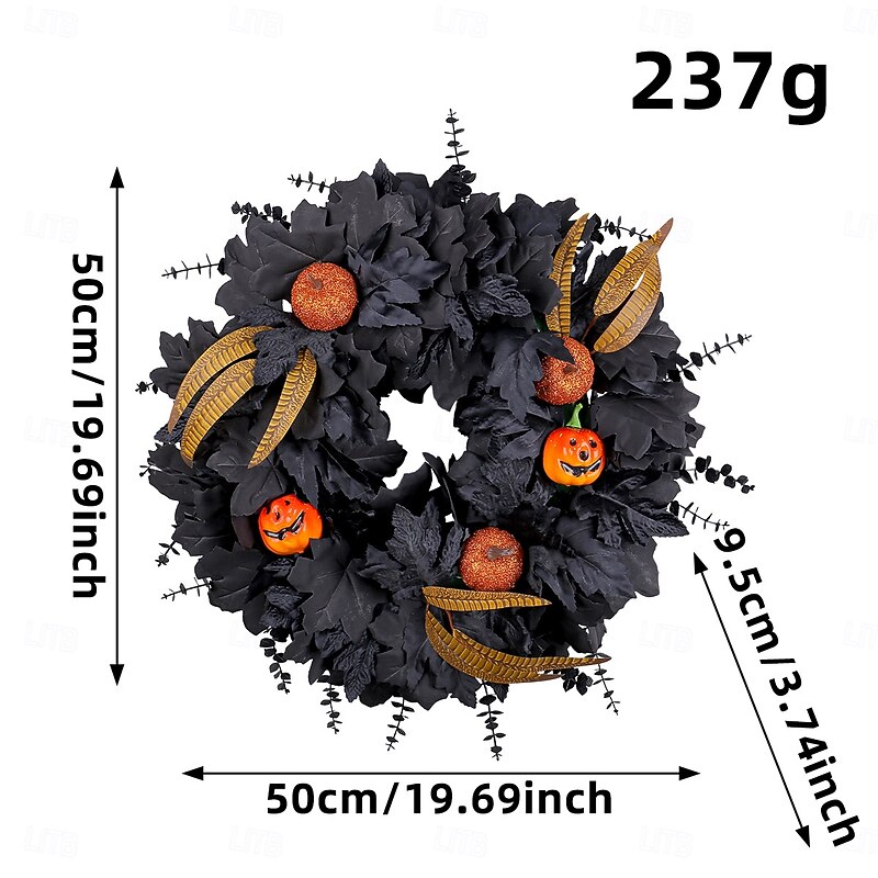 Halloween Wreath for Front Door Indoor Outdoor Decoration, Black Maple Leaf and Twig Garland with Faux Pumpkins, Spooky Vine Ring for Party Decor3