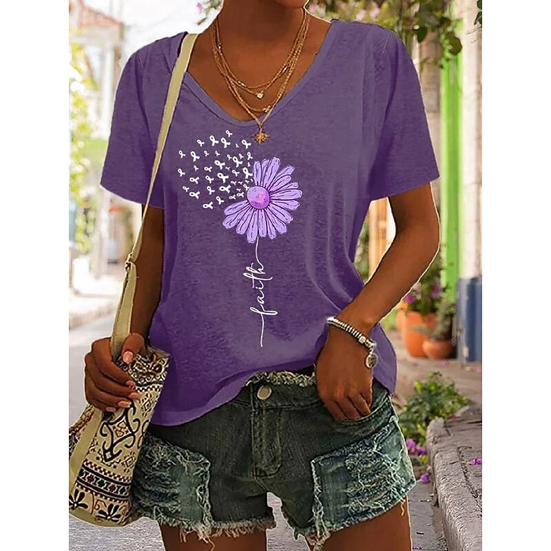 Women's T Shirt Floral Graphic Letter Bohemia Vintage Stylish Short Sleeve V Neck Regular Tops Daily Going out Weekend Print Black White Pink Purple Green Summer Spring3