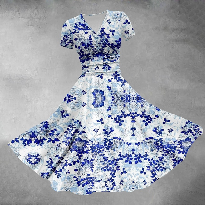 Women's Mini Dress Casual Dress Summer Dress Fashion Modern Daily Beach Weekend Regular Fit Flower Short Sleeve V Neck Blue Spring Fall