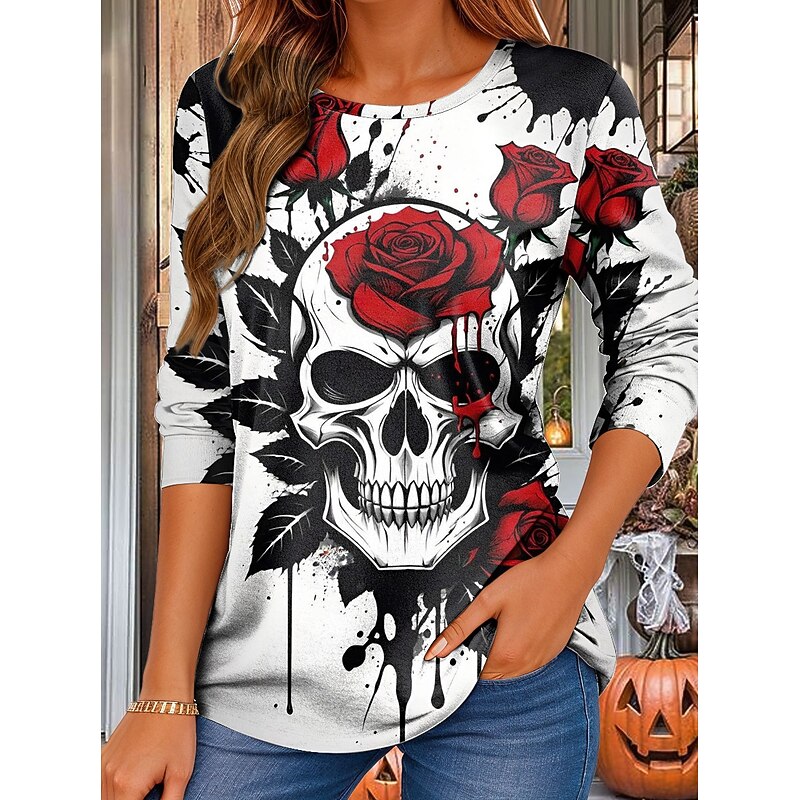 Halloween Women's T Shirt Skulls Crew Neck Long Sleeve Tunic Graphic Rose Vintage Stylish Classic Regular Tops Daily Print Red Purple Orange Green Spring Fall