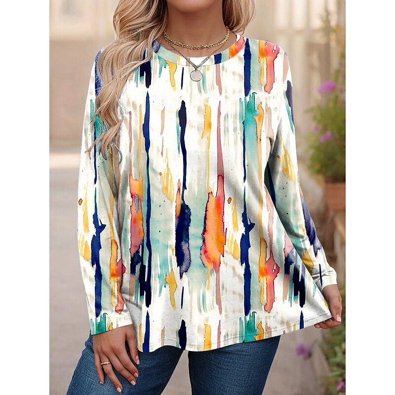 Women's Plus Size Tops T Shirt Graphic Geometry Print Long Sleeve Crew Neck Casual Daily Polyester Fall Winter White Blue2