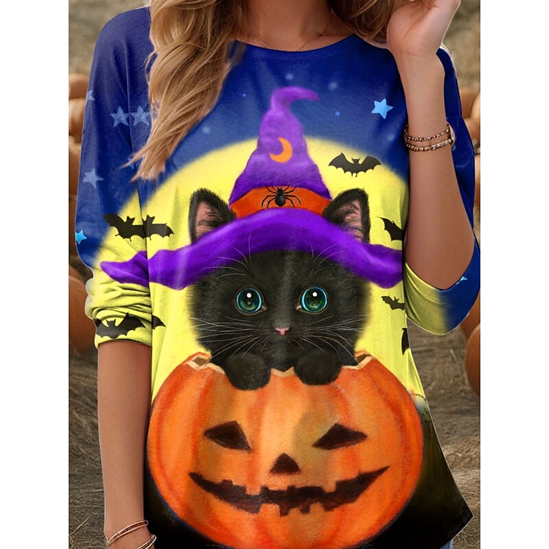 Kayomi Harai Halloween Women's T shirt Pumpkin Crew Neck Long Sleeve Tunic Graphic Animal Cat Vintage Stylish  Round Neck Regular Tops Daily Weekend Print Orange Fall3