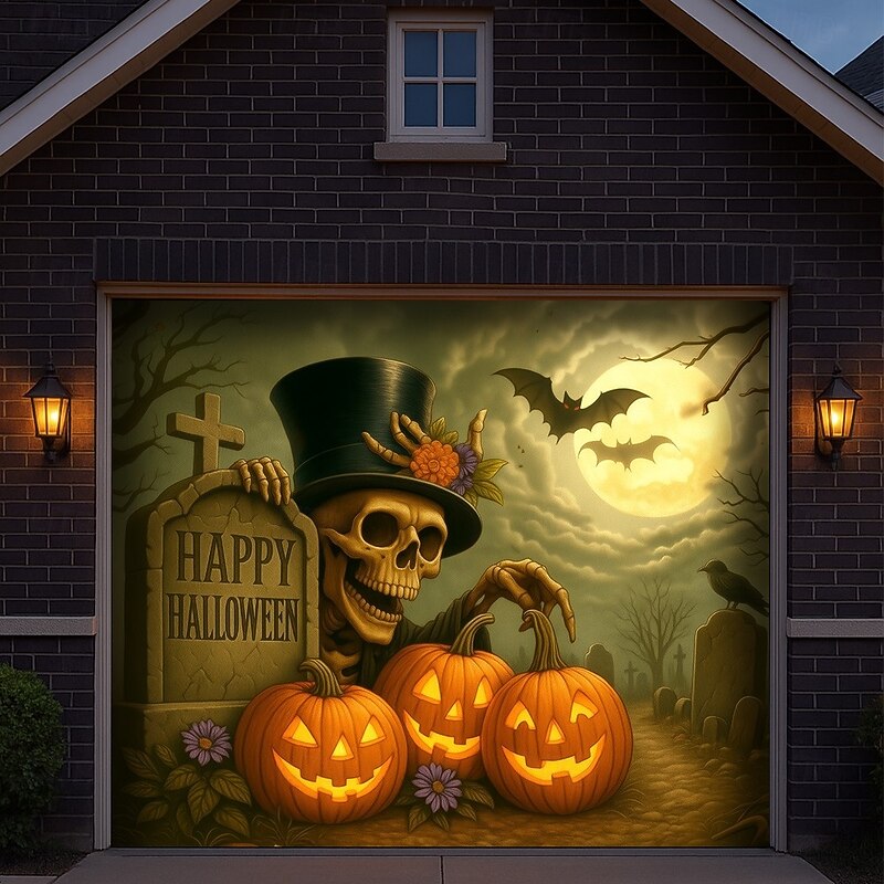 Halloween Garage Door Cover Outdoor Pumpkin and Snowman Banner, Large Tapestry Backdrop Decoration for Holiday Outdoor Garage Door and Home Wall, 2025 Halloween Decorations4