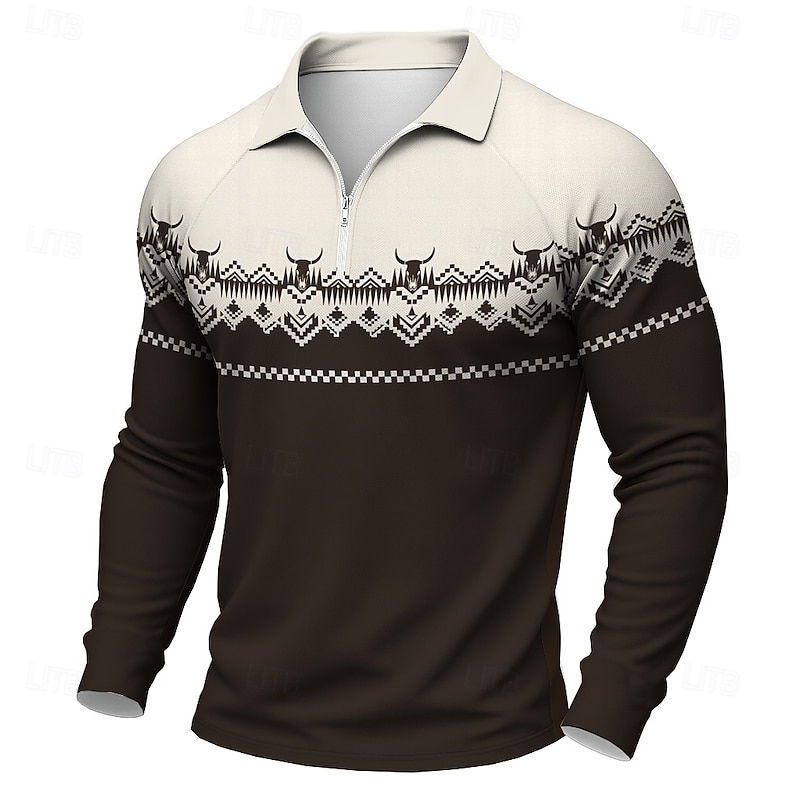Men's Graphic Western Wear Polo Long Sleeve Polo Shirts Casual Western Style Outdoor Daily Wear 3D Print Quarter Zip Polo Spring Fall Winter Black Blue Brown