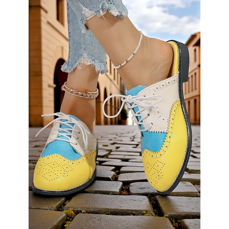 Women's 1950s Vintage Colorblock Wingtip Mule Oxford Shoes - Yellow Blue Slip-On Lace-Up Flats for Casual Street Style, Outings and Weekend Travel