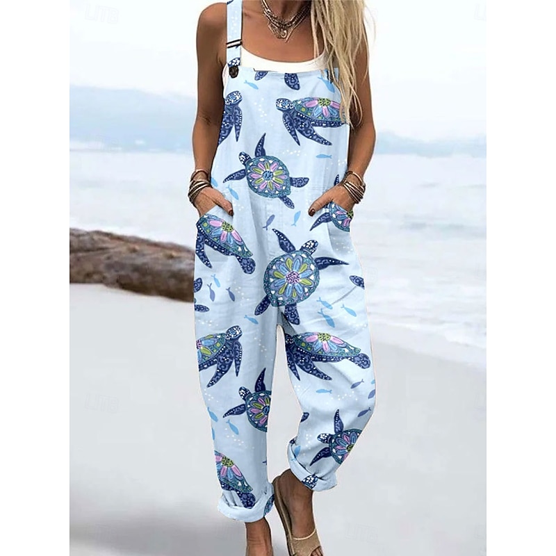Women's Dungarees Active Graphic Sleeveless Print Vacation Street Loose Fit White Blue Green Summer3