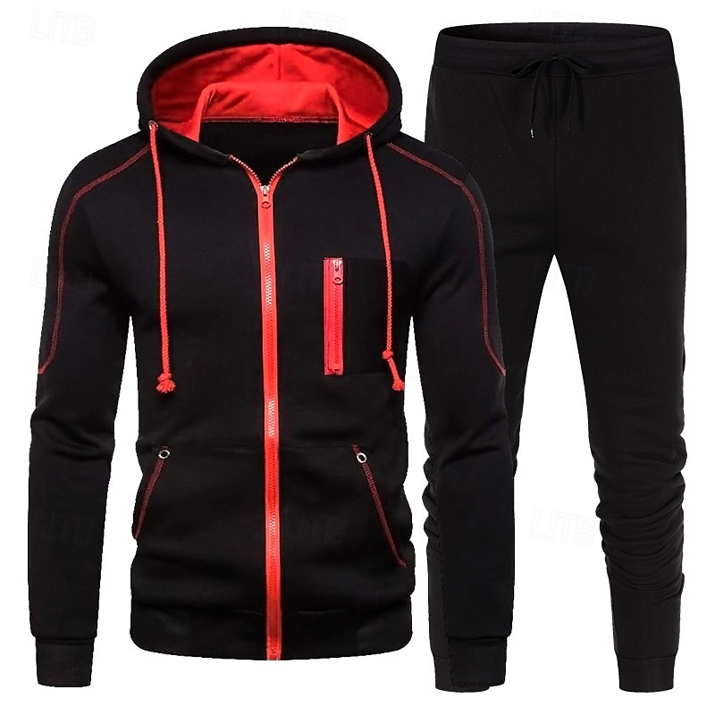 Men's Hoodie Tracksuit Full Zip Hoodie Sweatsuit Black Red Navy Blue Royal Blue Light Grey Hooded Color Block 2 Piece Sports & Outdoor Daily Holiday Polyester Streetwear Basic Casual Spring Fall2