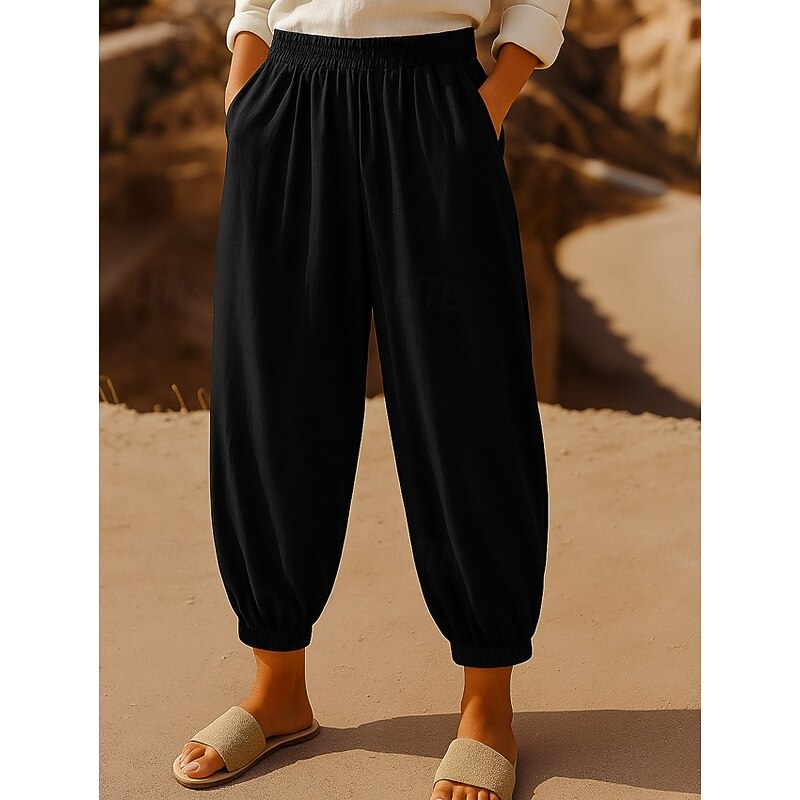 Women's Chinos Harem Pants Vintage Ethnic Style Basic Ankle-Length High Waist Plain Pocket Drawstring Comfort Outdoor Stretchy Vacation Street Daily Black Beige Coffee Summer Spring Regular Fit3