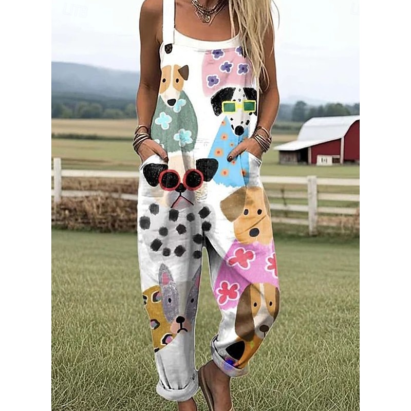 Women's Dungarees Active Graphic Sleeveless Vacation Street Loose Fit White Light Brown Khaki Summer3