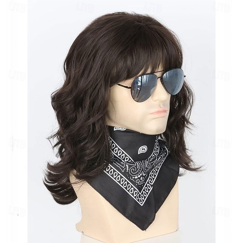Mens Mullet Wig 70s 80s Outfit Costume Black Brown Long Curly Wavy Rocker Disco Funny Wigs (Only Wigs)2