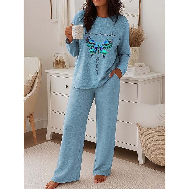 Women's Fashion T Shirt Pants Sets Long Sleeve Crew Neck Round Neck Graphic Butterfly Letter Print Casual Daily Pink Blue Purple Spring Regular Fit3