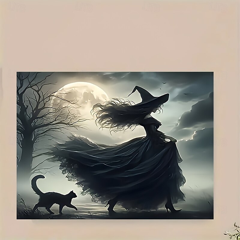 Witch and Her Black Cat Walking - Frameless Canvas Art Gothic Halloween Poster Vintage Dark Aesthetic Wall Decor for Home3