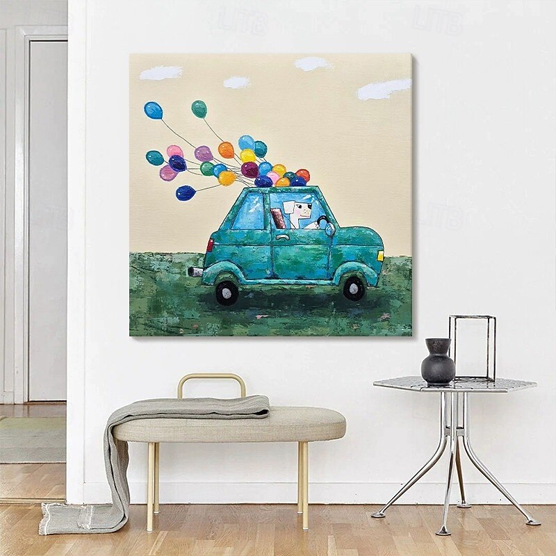 Handmade Oil Painting Canvas Wall Art Decoration Modern Cartoon Car Balloon Puppy for Home Decor Stretched Frame Hanging Painting/Rolled Canvas (No Frame)3
