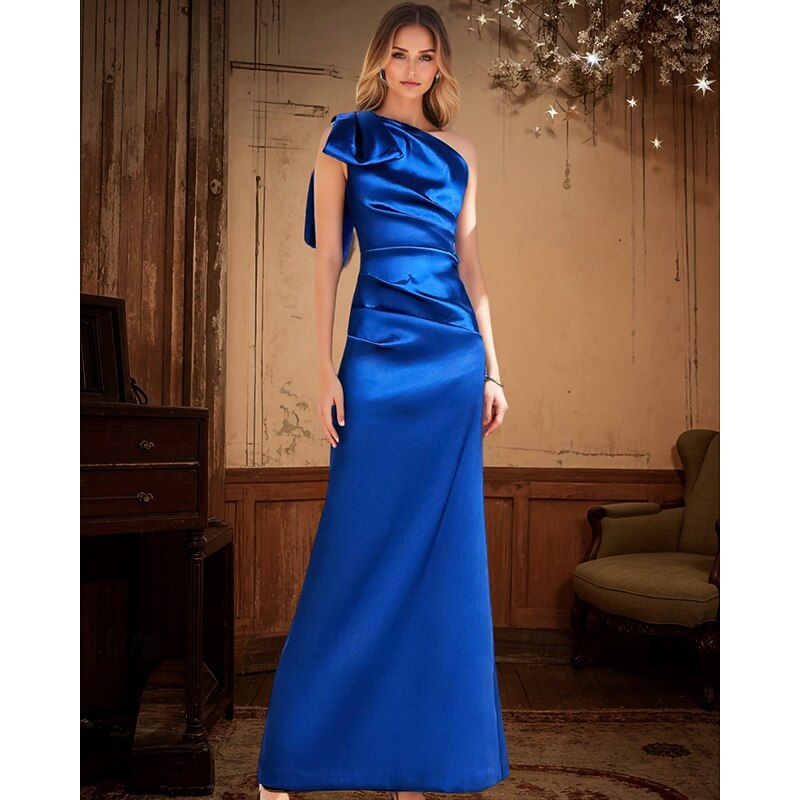 Black Tie Mermaid / Trumpet Evening Gown Glossy Elegant Dress Formal Wedding Floor Length Sleeveless One Shoulder Satin with Bow(s) Pleats Ruched