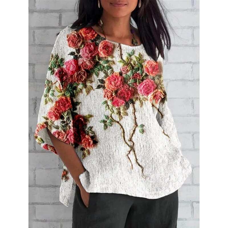 Women's Shirt Floral Daily Casual 3/4 Length Sleeve Crew Neck Regular Tops Daily Holiday Print White Green Khaki Summer Spring Fall
