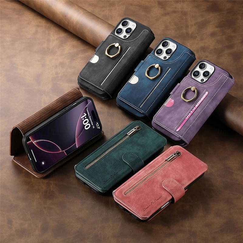 Phone Case For iPhone 17 Pro Max 17 Air 16 Pro Max Plus 16 16 Plus iPhone 16 Pro 15 15 Pro Max 15 14 Pro Max Plus 13 Pro Max Wallet Case Zipper Kickstand Card Slot Retro TPU Nylon PU Leather