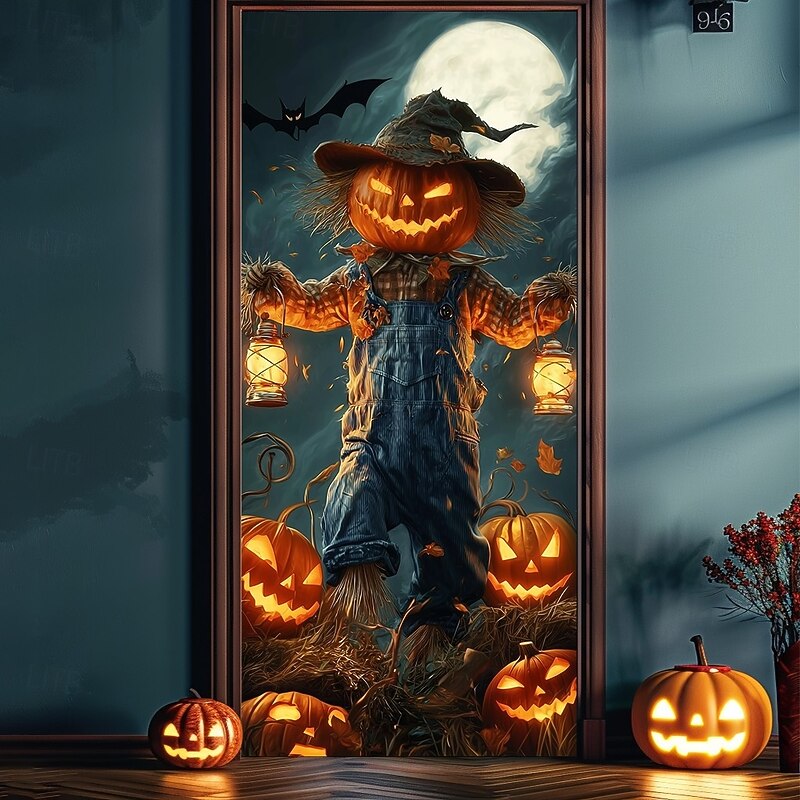 Halloween Door Cover – Pumpkin Head Scarecrow Under Full Moon, Haunted House Entrance Banner, Creepy Outdoor 2025 Halloween Decoration for Bedroom, Living Room, Bathroom2