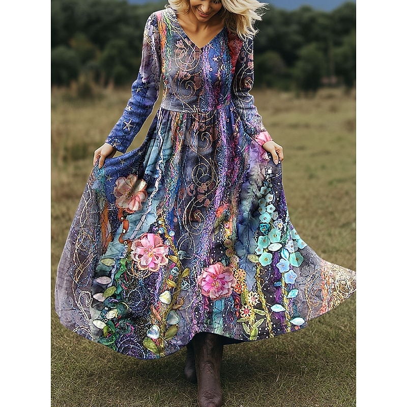 Women's Maxi Dress A Line Dress Vacation Casual Boho Beach Regular Fit Floral Graphic Butterfly Long Sleeve V Neck Pink Purple Beige Spring Fall