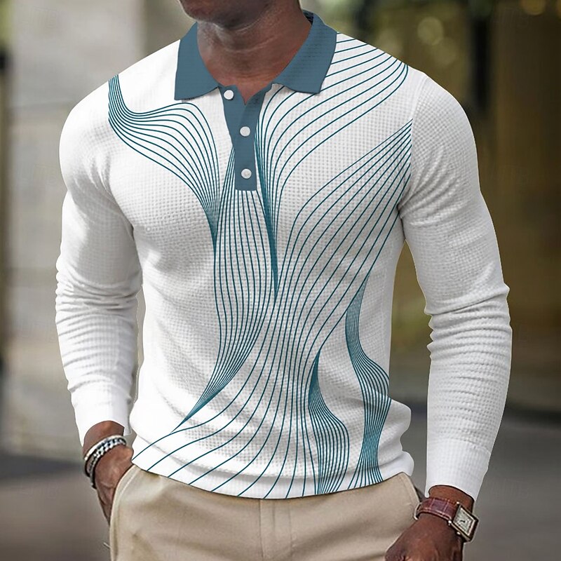 Men's Geometic Line Waffle Polo Shirts Long Sleeve Polo Shirts Collared Shirts Business Casual Business Wear to work Daily Wear Buttons Spring Fall Winter Black Red Blue2