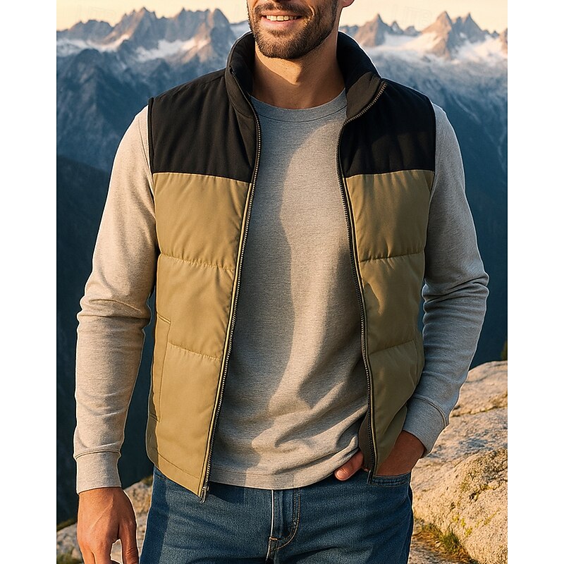 Men's Fleece Vest Sleeveless Vest Outdoor Thermal Warm Winter Full Zip Polyester Patchwork Black White Pink Hunting Fishing Climbing