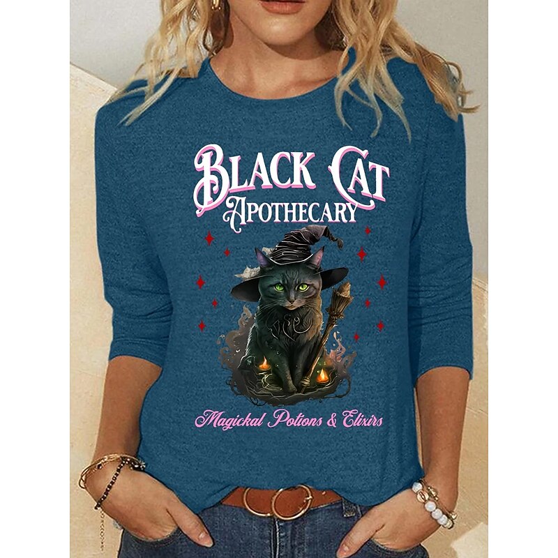 Halloween Women's T shirt Black Cat Long Sleeve Crew Neck Long Sleeve Tunic Graphic Animal Cat Vintage Stylish Round Neck Regular Tops Daily Weekend Print Black Pink Blue Fall Prefall2