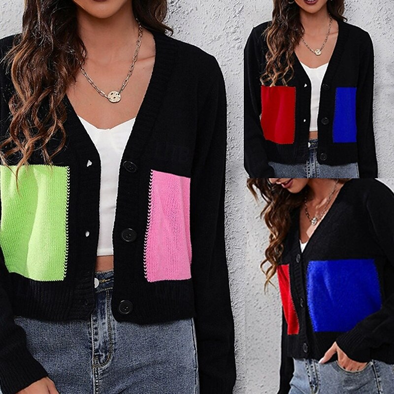 Women's Pullover Casual Color Block Chunky V Neck Knitted Long Sleeve Crop Tops Knit Daily Holiday Going out Pink Blue Fall Winter