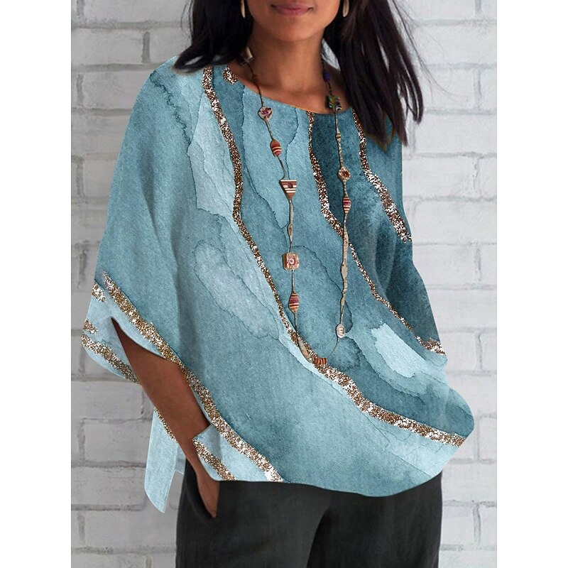 Women's Shirt Marble Daily Casual 3/4 Length Sleeve Crew Neck Regular Tops Daily Holiday Print Navy Blue Royal Blue Blue Sky Blue Dusty Blue Summer Spring Fall