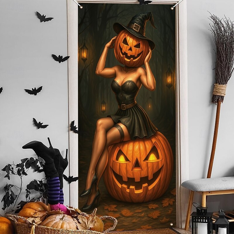 Halloween Door Cover – Pumpkin Head Woman with Jack-o'-Lanterns, Haunted House Entrance Banner, Scary Outdoor & Indoor Decoration for 2025 Halloween Bedroom, Living Room, Bathroom3
