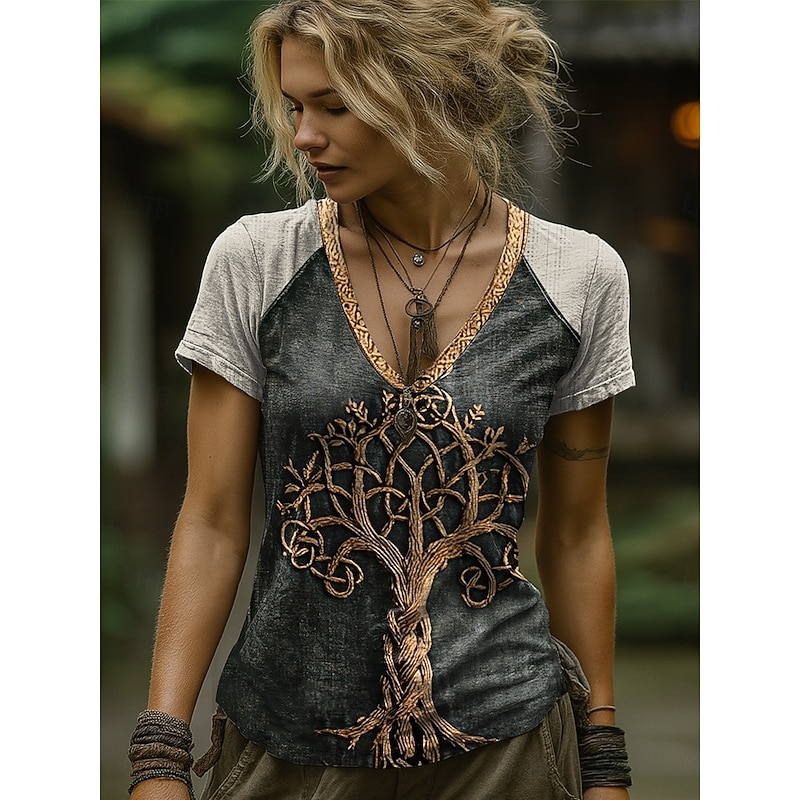 Women's T Shirt Graphic Bohemia Western Classic Short Sleeve V Neck Regular Tops Daily Going out Weekend Print Pink Blue Gray Summer Spring