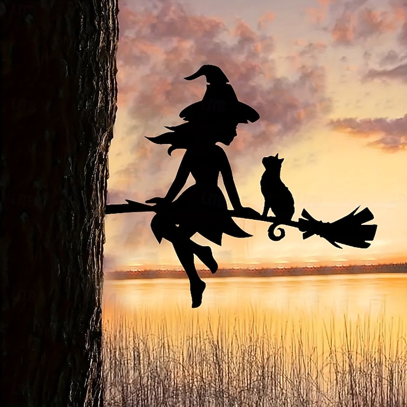 1pc Enchanting Witch & Cat Garden Decor - Durable Iron Yard Art with Flying Broomstick Perfect for Halloween & Outdoor Spaces Tree Stump Insert Outdoor Garden DecorSpooky Theme Decor
