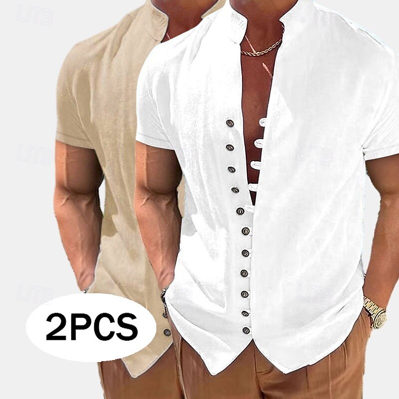 Men's Linen Shirt Summer Shirt Beach Wear Button Up Shirt Plain Vacation Curise White+khaki Khaki+Black Green+Khaki White+Black Short Sleeve Stand Collar Summer Spring & Summer Clothing Apparel