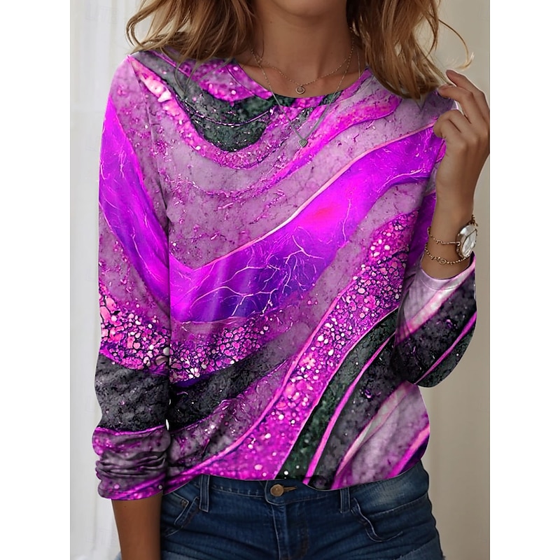 Women's T shirt Long Sleeve Crew Neck Long Sleeve Tunic Ombre Graphic Texture Vintage Stylish Modern Round Neck Regular Tops Daily Print Blue Purple Orange Green Fall Prefall3
