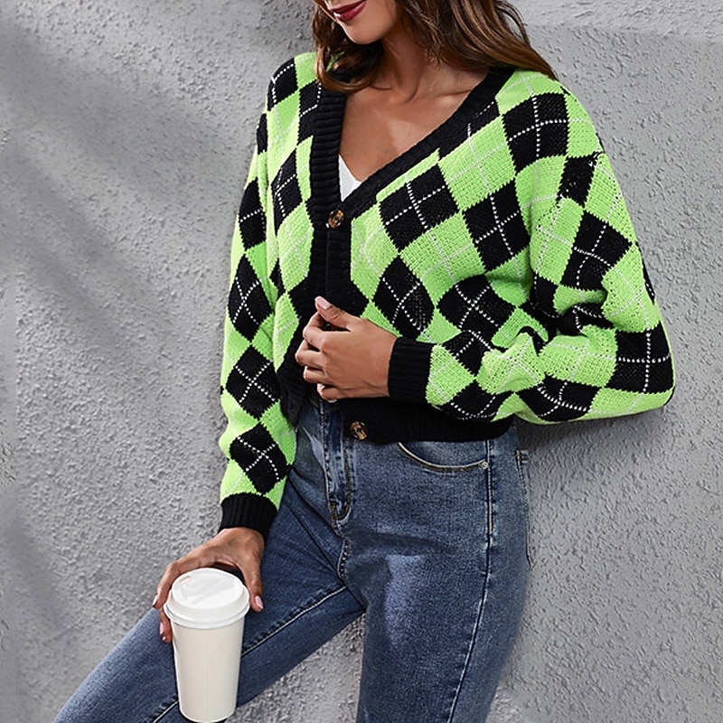 Women's Cardigan Casual Argyle Chunky V Neck Knitted Long Sleeve Regular Tops Knit Daily Holiday Going out Green Fall Winter4